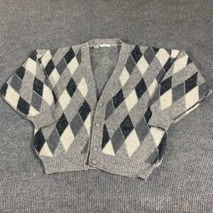 VTG Bachrach Sweater Mens Large Gray Argyle Diamond Cardigan Wool Blend Italy